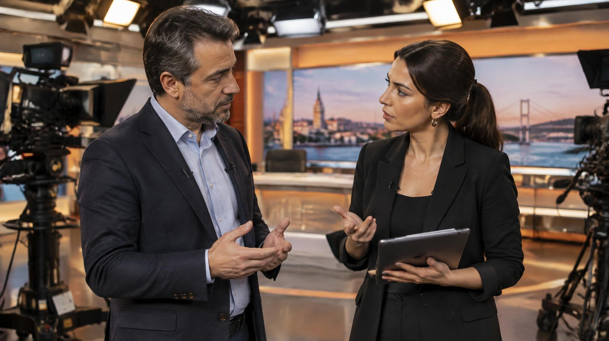 Two media professionals resolving a disagreement in a TV studio