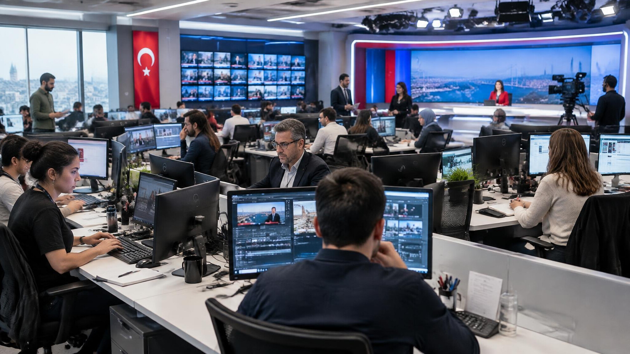 Panoramic view of a busy television newsroom