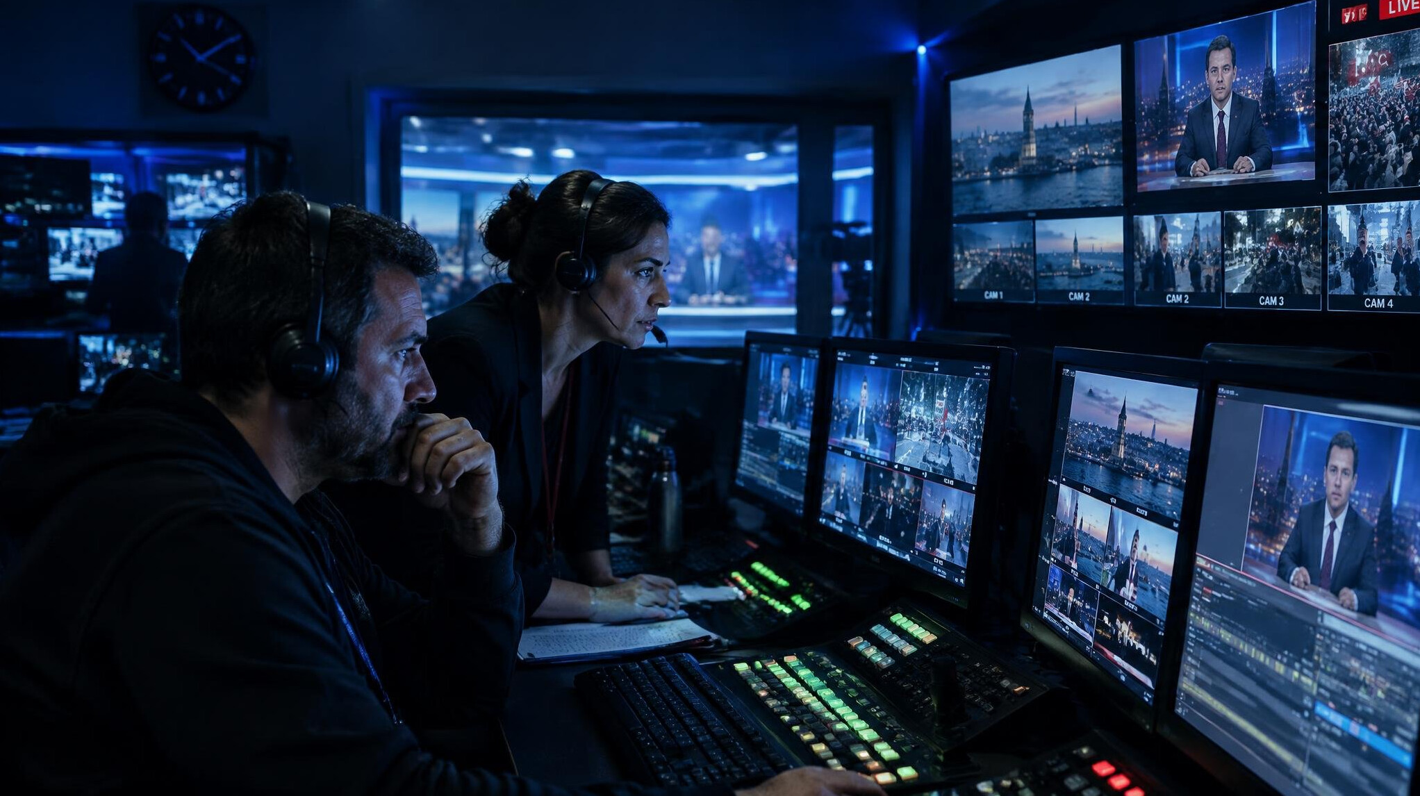 Broadcast control room with live monitors during a crisis moment